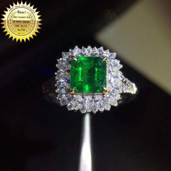 cluster rings 10k gold ring lab created 2ct emerald and moissanite diamond with national certificate em-008, Golden;silver